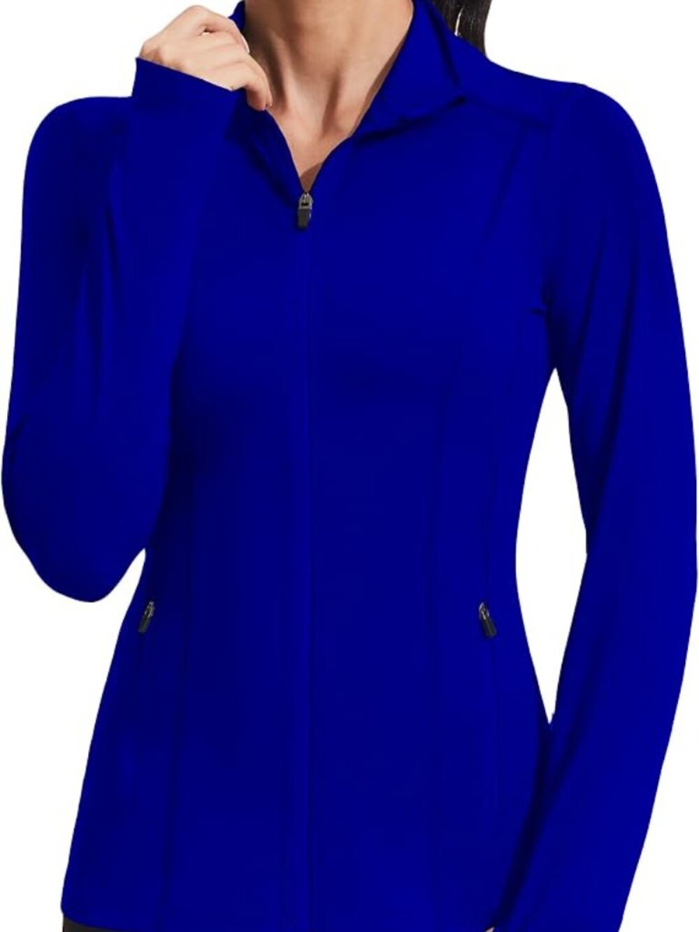 Women Blue Mild Weather Zipper Pockets Long Sleeve Full Zip Up Trench jacket